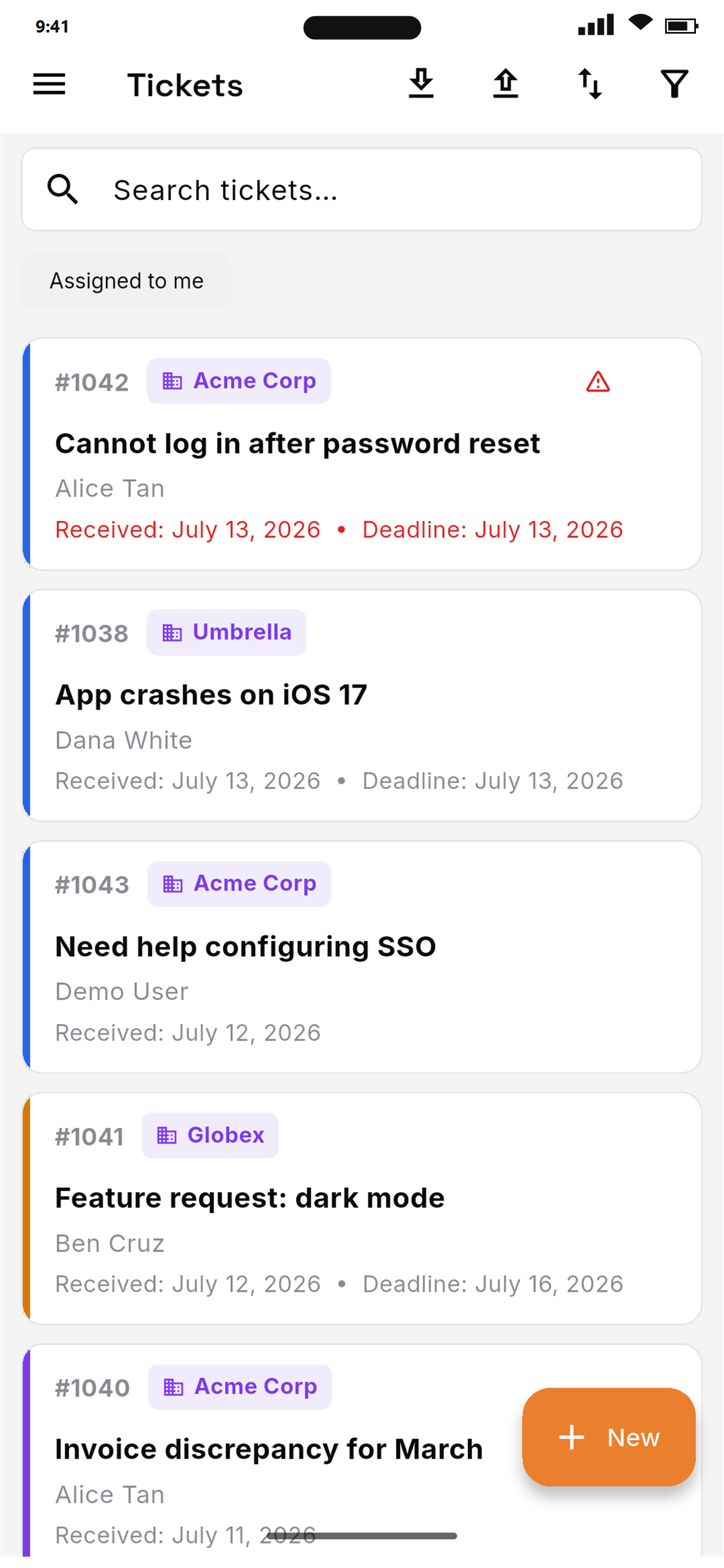 Quickdesk mobile app ticket list